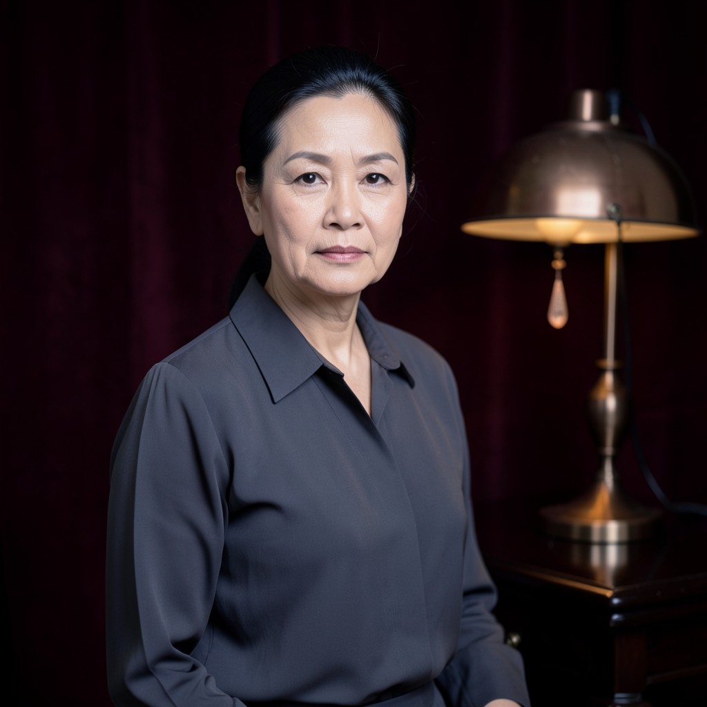 Portrait of a woman in her forties standing beside a dark wood table in warm copper light