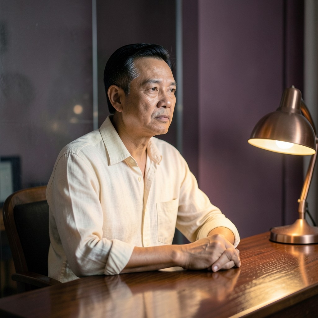 Portrait of a man in his forties seated at a wood desk with a copper lamp