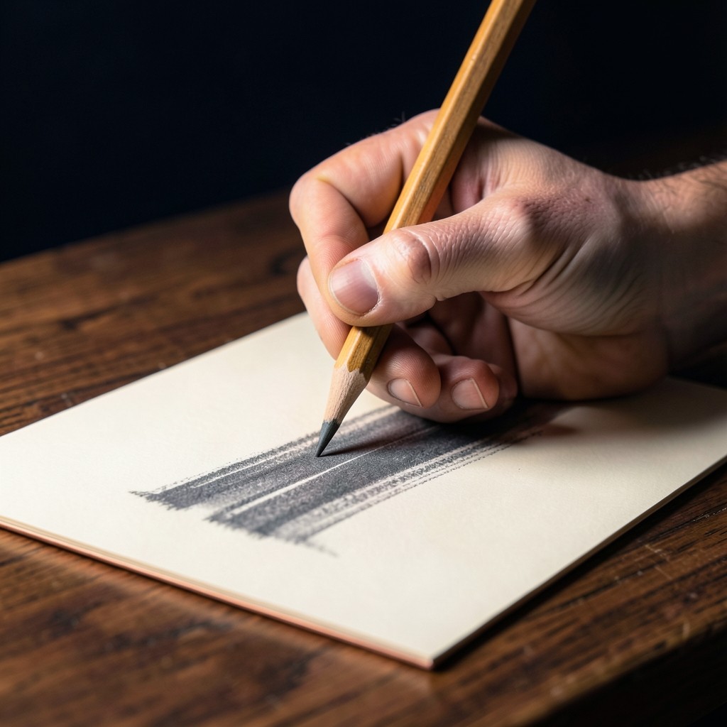 Close view of a hand holding a pencil above paper marked with a few horizontal pencil strokes
