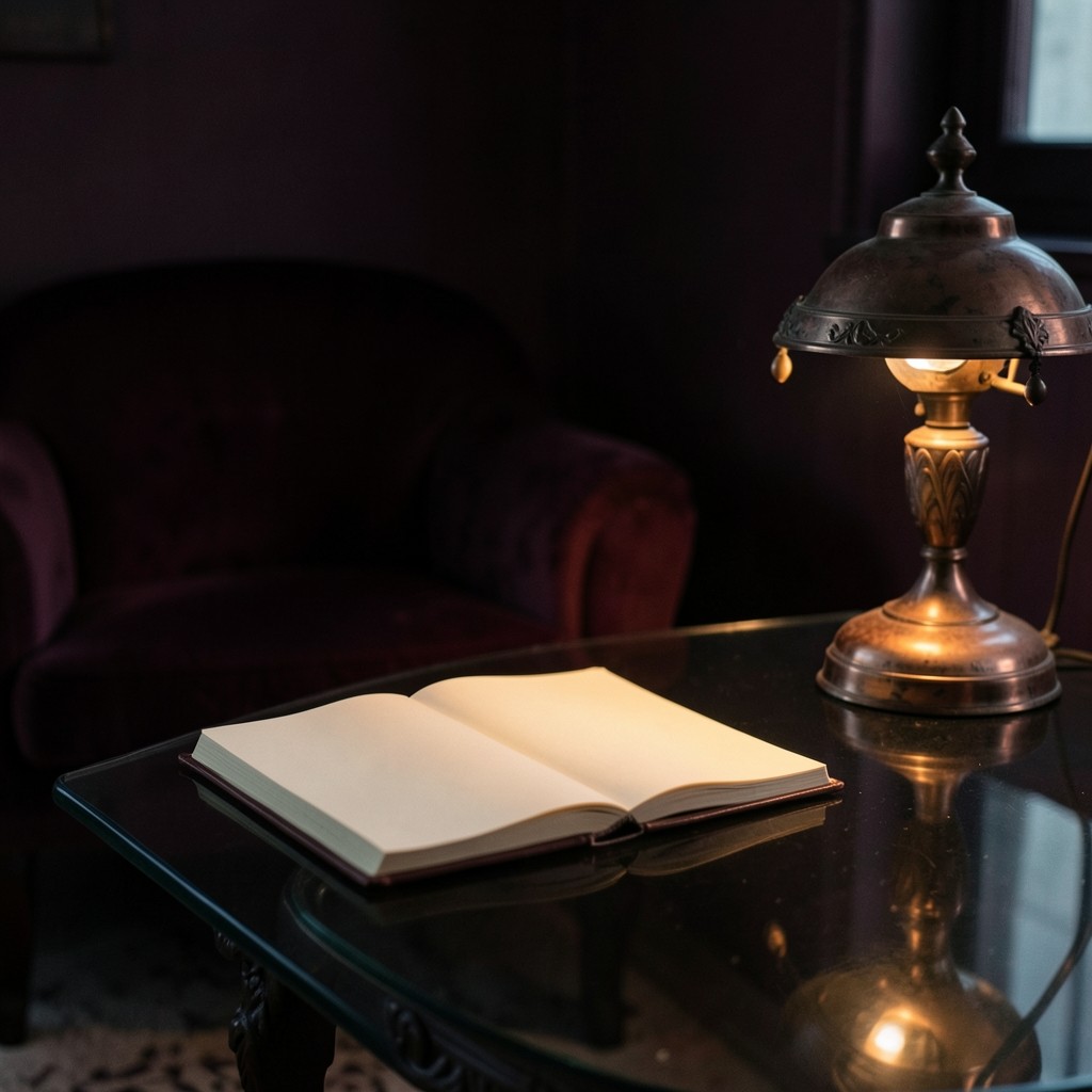 An open notebook on smoked glass beside a copper lamp in a dark study