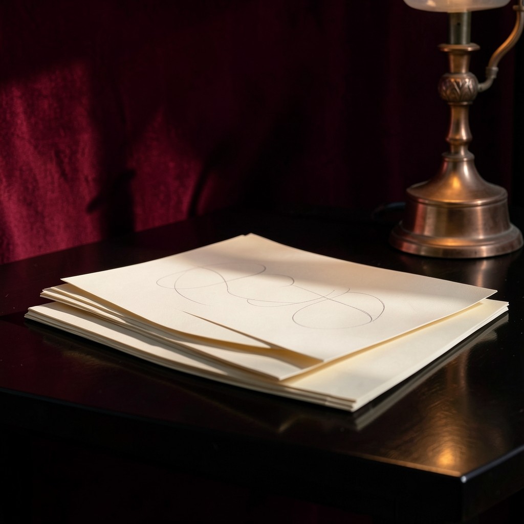 A dark study table with overlapping sheets of blank paper and a single antique copper lamp