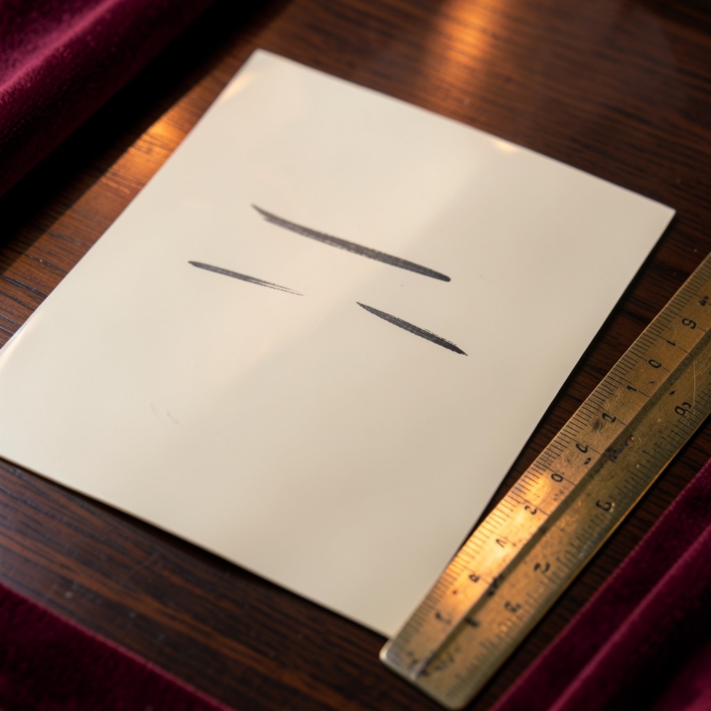 A single ivory sheet on dark wood with a few abstract pencil lines and a brass ruler