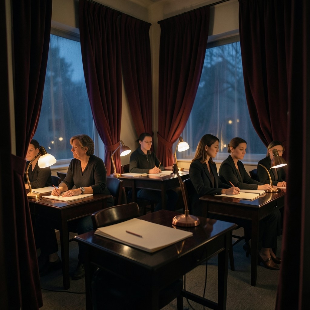 Evening classroom in deep burgundy velvet with dark wood tables and copper lamps