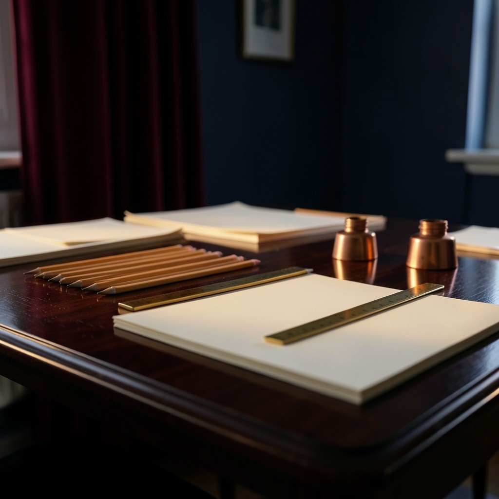 A long evening table set with blank paper, pencils, and a brass ruler under velvet drapes