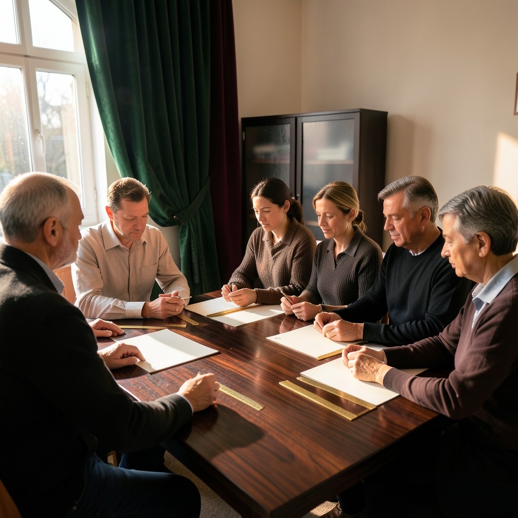 A small morning class around a wood table with ivory paper and brass rulers