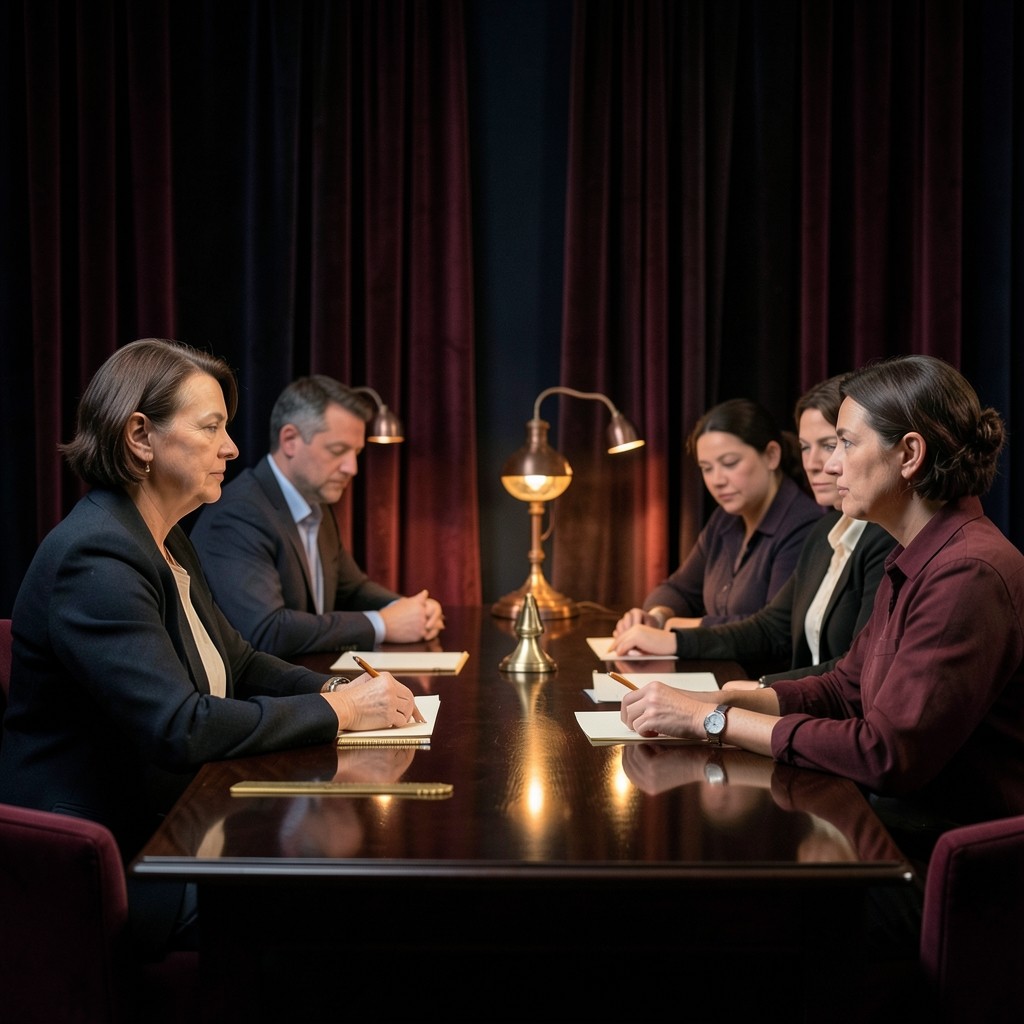 Adults seated at a dark wood table under copper lamps, marking blank paper with pencils