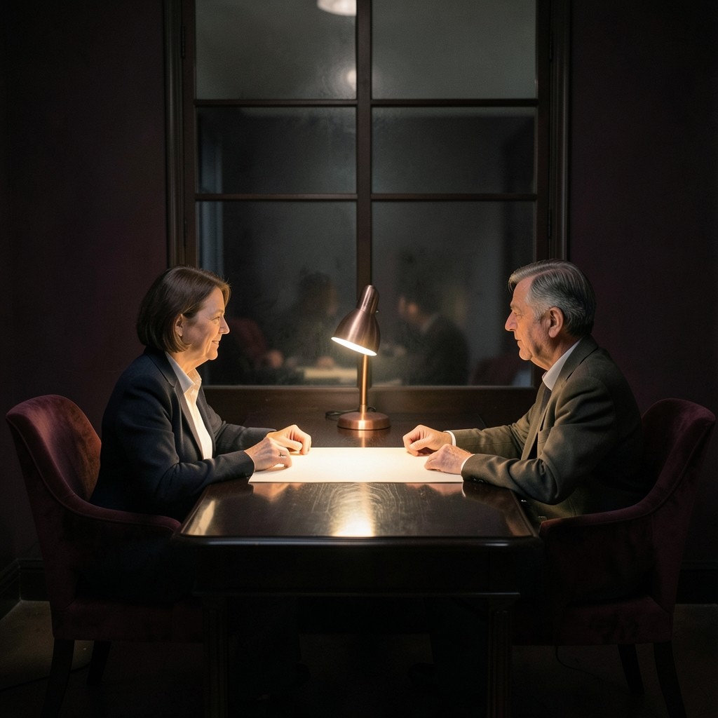 Two adults at a lacquered desk reviewing a sheet of paper under a copper lamp