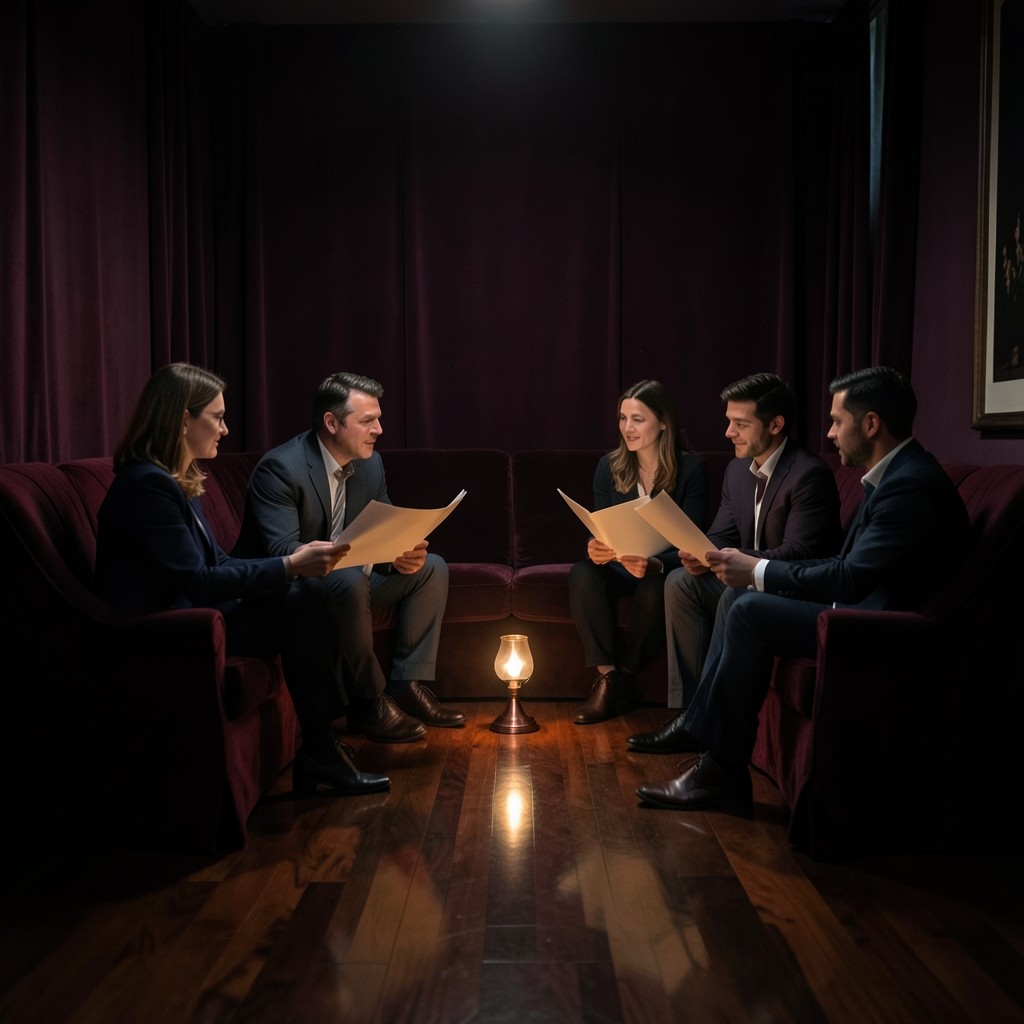 An evening circle of adults in a velvet-draped room, each holding a sheet of paper